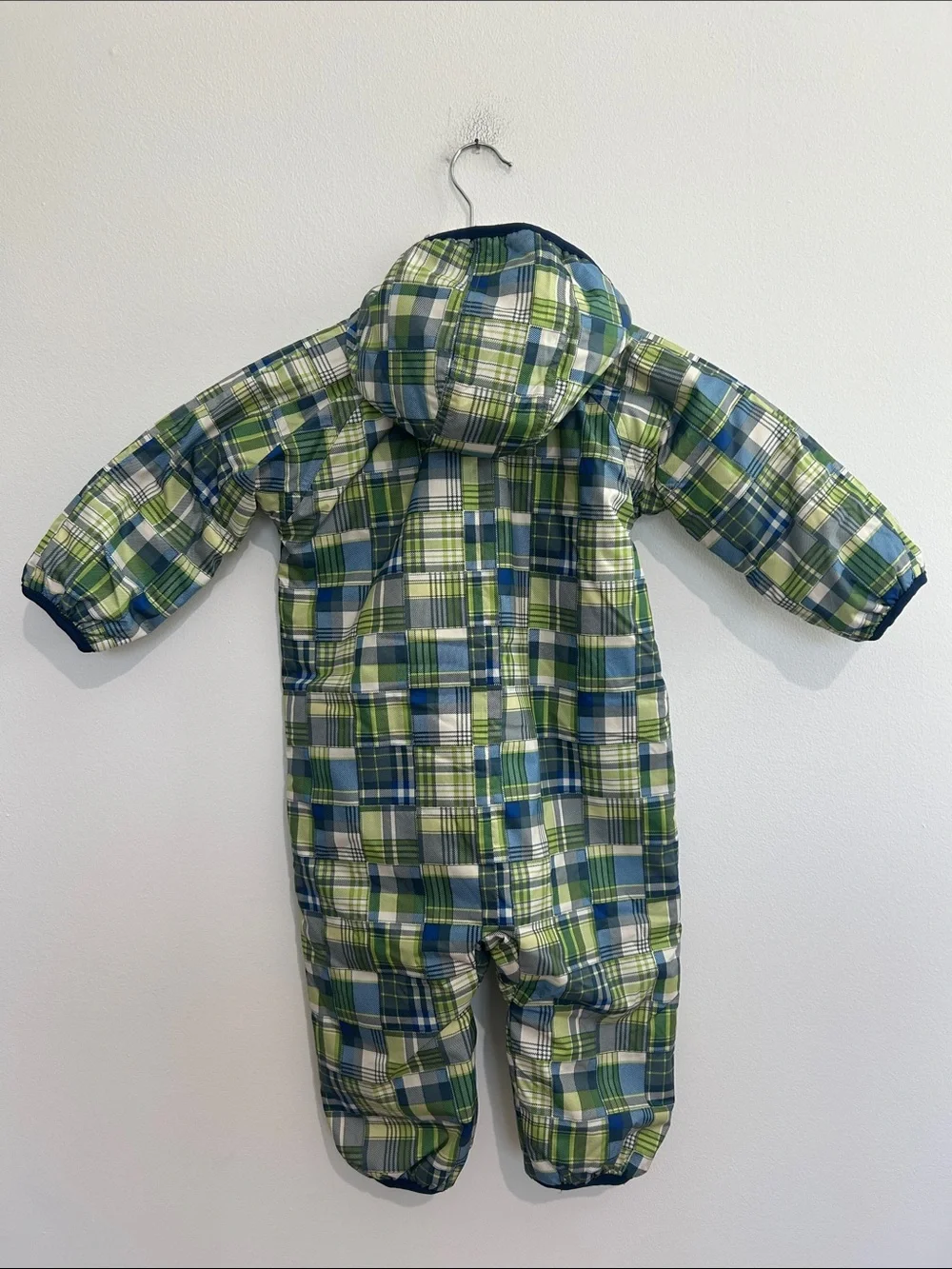 Patagonia Reversible Puff Ball Bunting Green Plaid & Royal Blue Size 12 months
